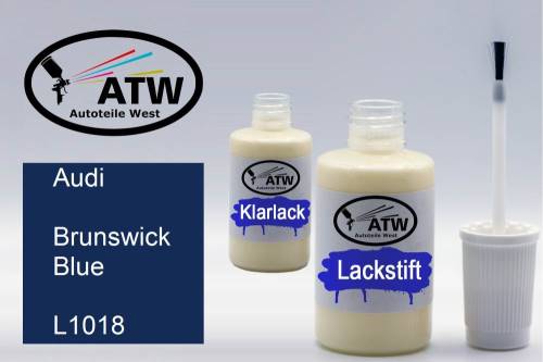 Audi, Brunswick Blue, L1018: 20ml Lackstift + 20ml Klarlack - Set, von ATW Autoteile West.